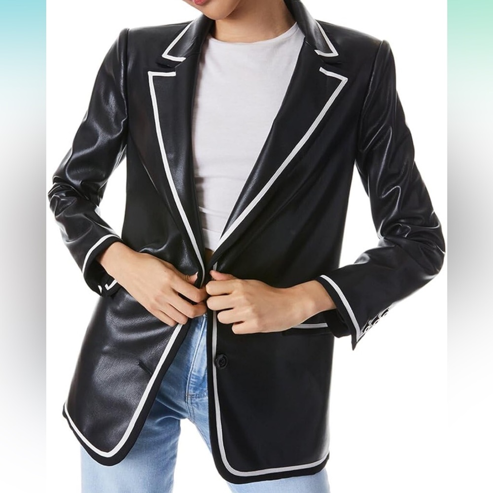 NEW Alice + Olivia Elna Long Vegan Leather Blazer with White Trim - Sz 4